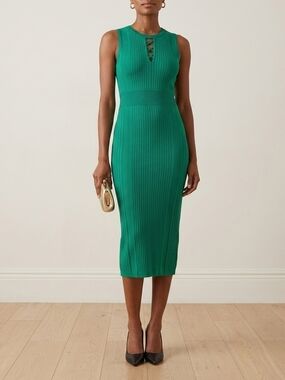 New York & Company Green Sleeveless Ribbed Midi Dress with Lace-Up Keyhole